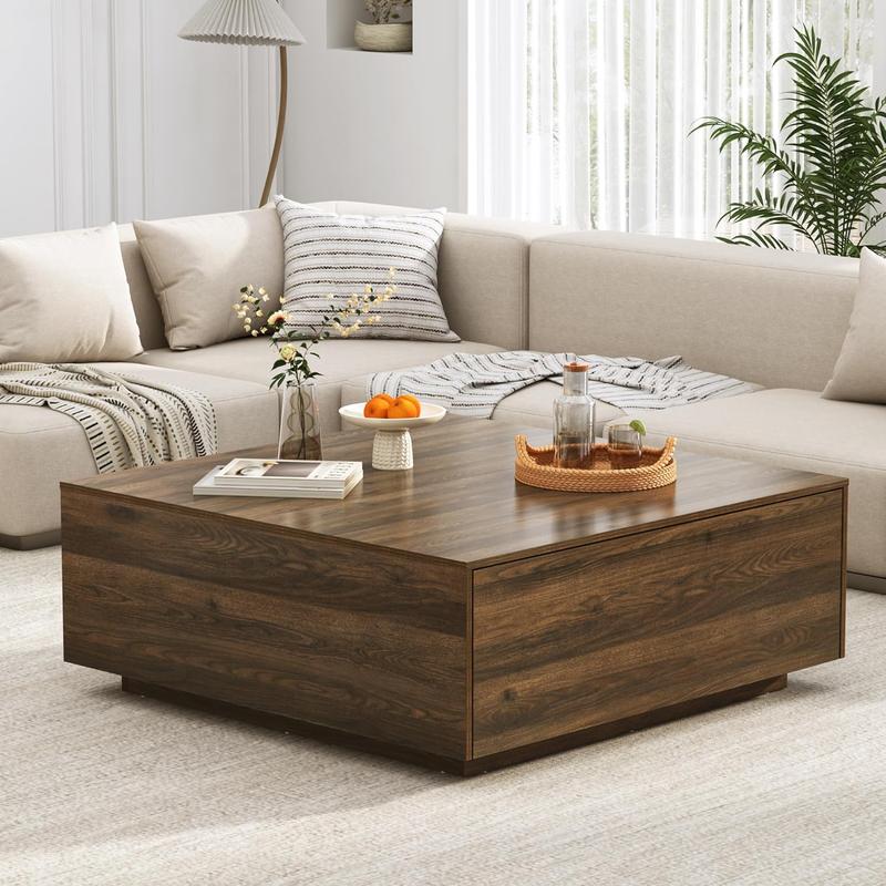 Square Coffee Table with Storage, Modern Large Square Center Table with 2 Drawers, Wood Coffee Table for Living Room, Walnut/Light Brown