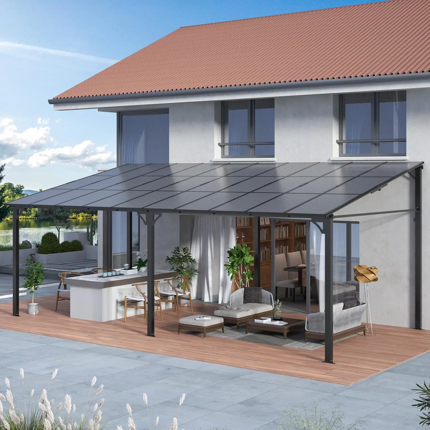12'x20' Wall-Mounted Hardtop Gazebo – 6mm UV Roof & Aluminum Frame Lean-to Pergola for Patio & Deck