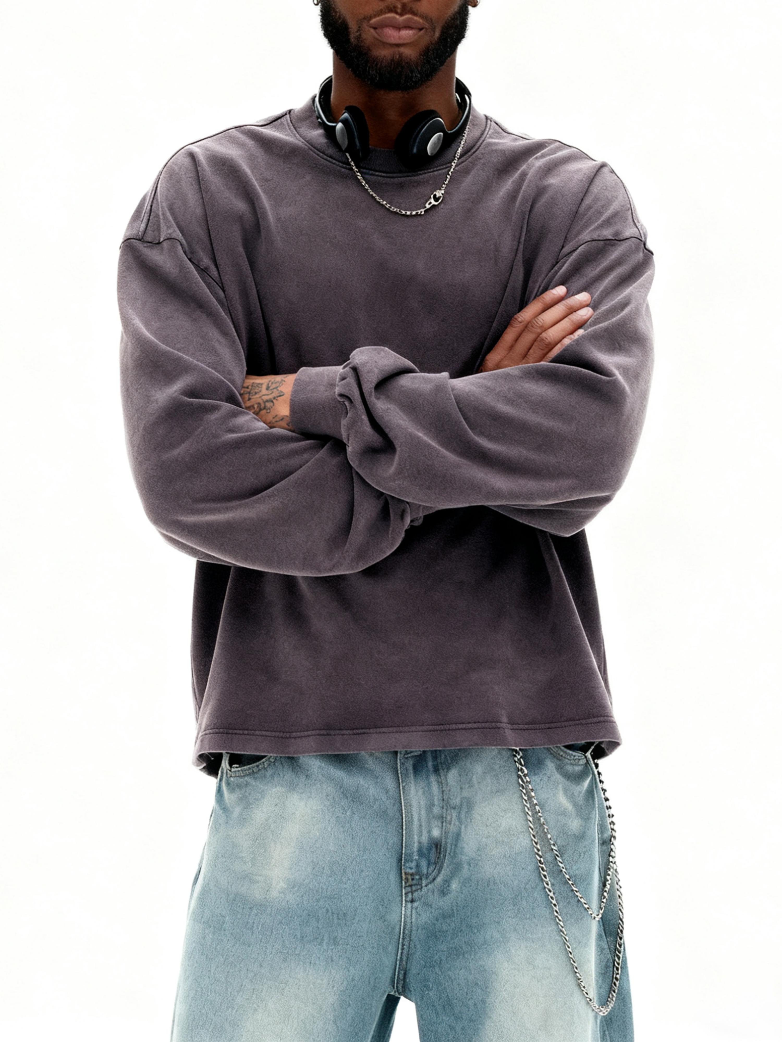 Inflation 100% Cotton 270g Cropped Boxy Fit Washed Oversize Streetwear Long Sleeve T-Shirt Autumn New American Vintage Washed Cotton Tee Short Menswear Top Tshirt Round Neck Crewneck Casual Bestie Operator Beige Plain