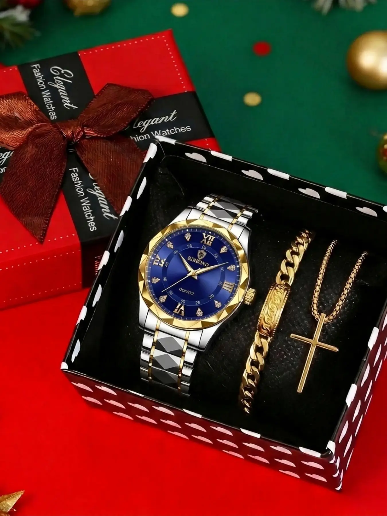 Four piece gift set for men, Christmas gift necklace, ring, bracelet, quartz business versatile casual watch