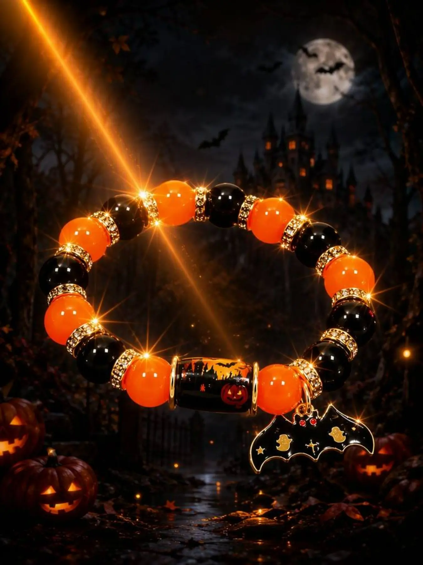 Halloween Beaded Stretch Bracelet, Orange Black Round Beads With Rhinestone Spacers, Bat Ghost Charm Pumpkin Pattern Tube Bangle, Gothic Holiday Costume Jewelry, Fashion Accessory For Halloween Party Cosplay Daily Outfit, Ideal Halloween Gift For Women Gi