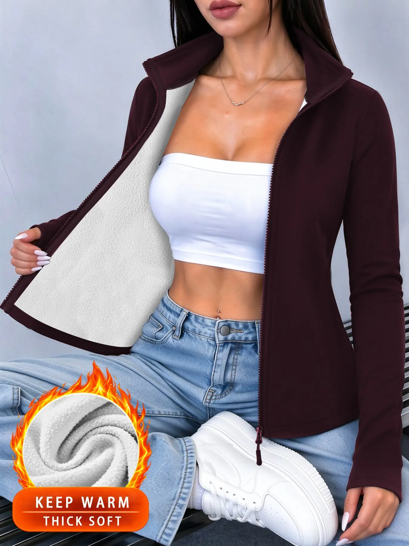 Women's Thick Soft Fleece-Lined Jacket for Winter, Slim-Fitting Sporty Style, Daily Casual and Home Wear, Plain Surface Jackets