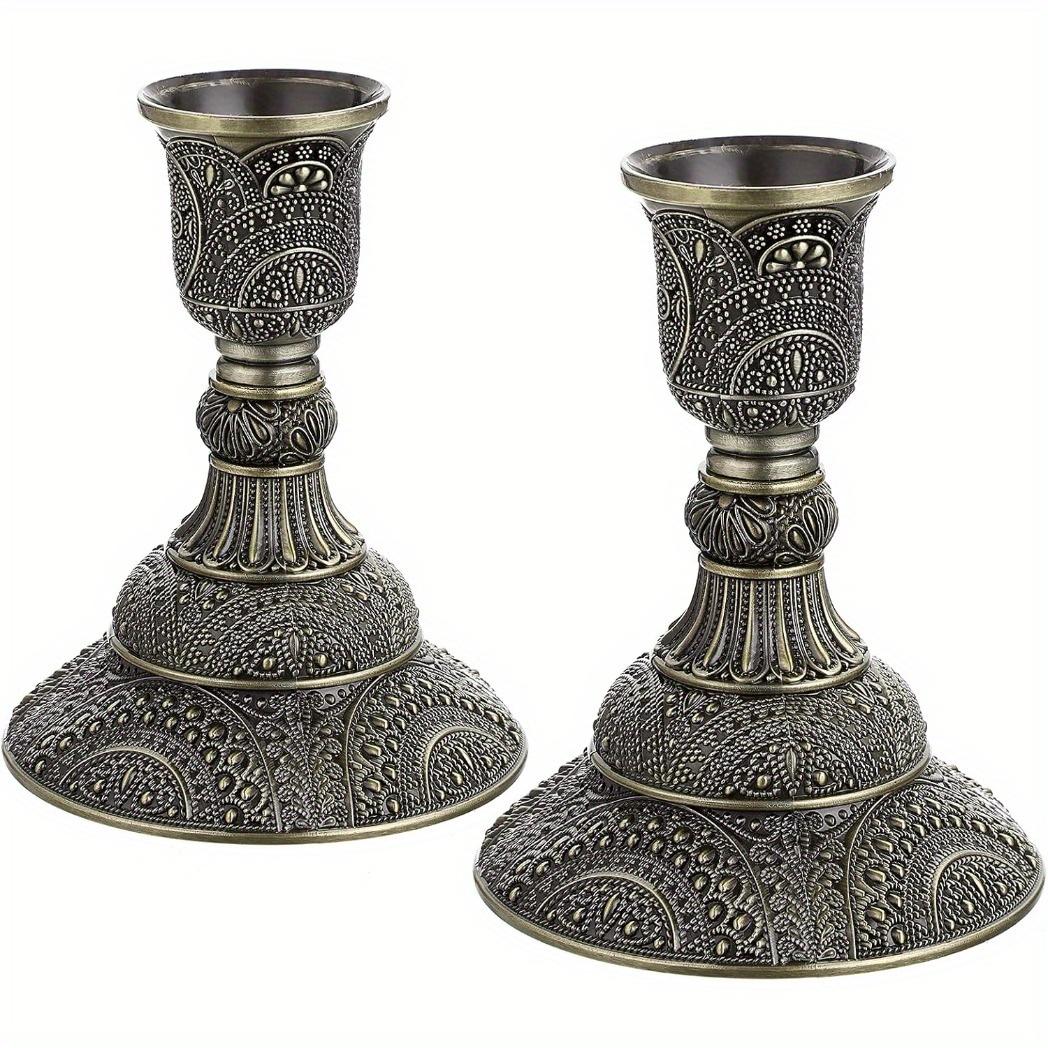 Vintage Bronze Relief Metal Candle Holder Set, 2 Pieces, 3.9 Inches Tall, Intricately Carved, Ideal for Weddings, Formal Dinners, Church, Christmas, Home Decor