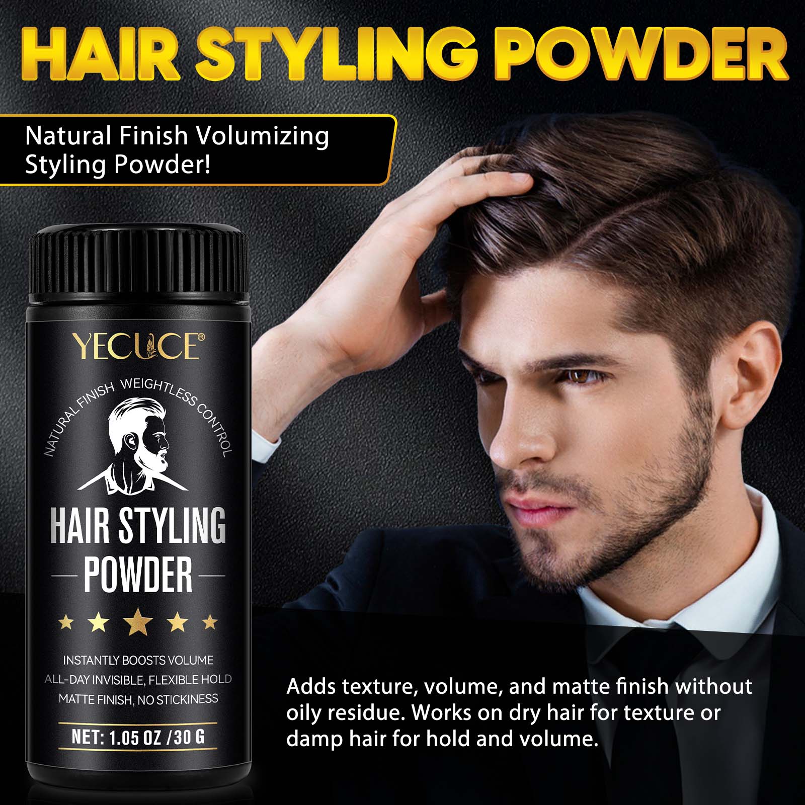 Yecuce Men's Hair Styling Powder 30g, Volumizing Powder, Matte Finish, Natural Look, Enhances Dry Hair Texture, Perfect for Pompadour Style