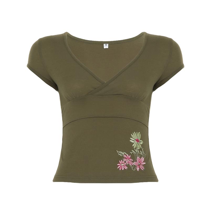 Women's Floral Embroidery V Neck Tee, Casual Style Tee, Y2k Casual Slim-fitting T-shirt for Summer, Ladies Clothes for Daily Wear