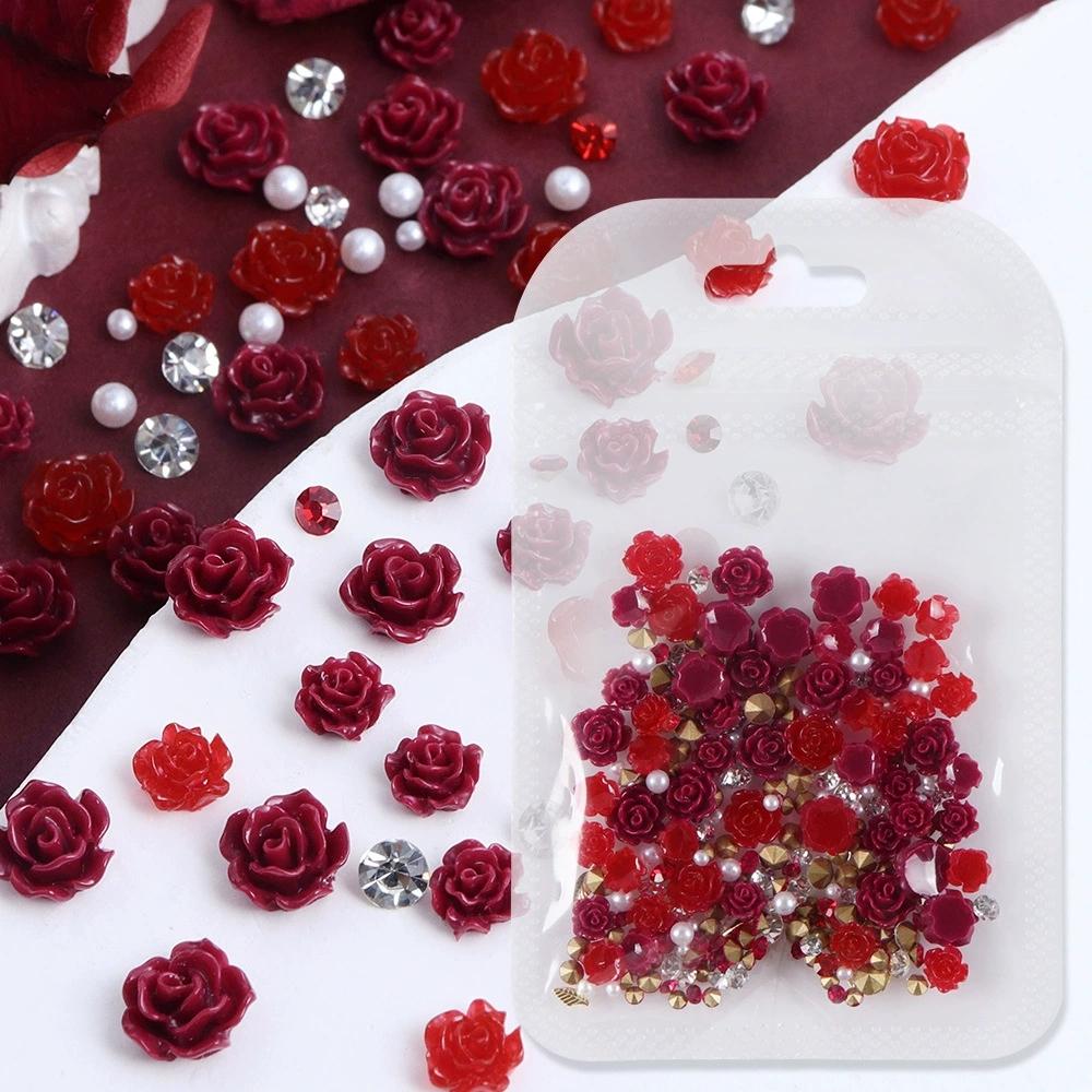 100pcs Valentine's Day Camellia Nail Decorations, Large Resin Rose with Rhinestones and Pearls, Romantic Nail Art Accessories