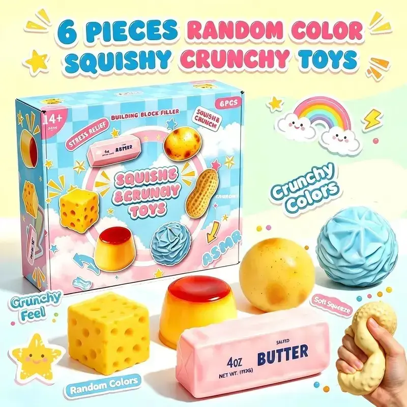 6pcs Squishy Crunchy Stress Relief Fidget Toys, Squeeze Sensory Decompression Toys, Relaxing Unique Stress Ball Party Gifts, Sensory Room Supplies, 6 Different Food-Shaped Styles, Novelty Holiday Gifts