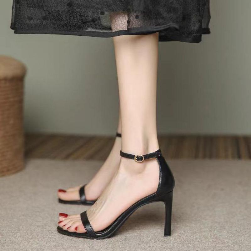 French Elegant Fashion Sandals for Women Versatile Sexy Thin Heel One Strap Buckle Open Toe Summer High Heels