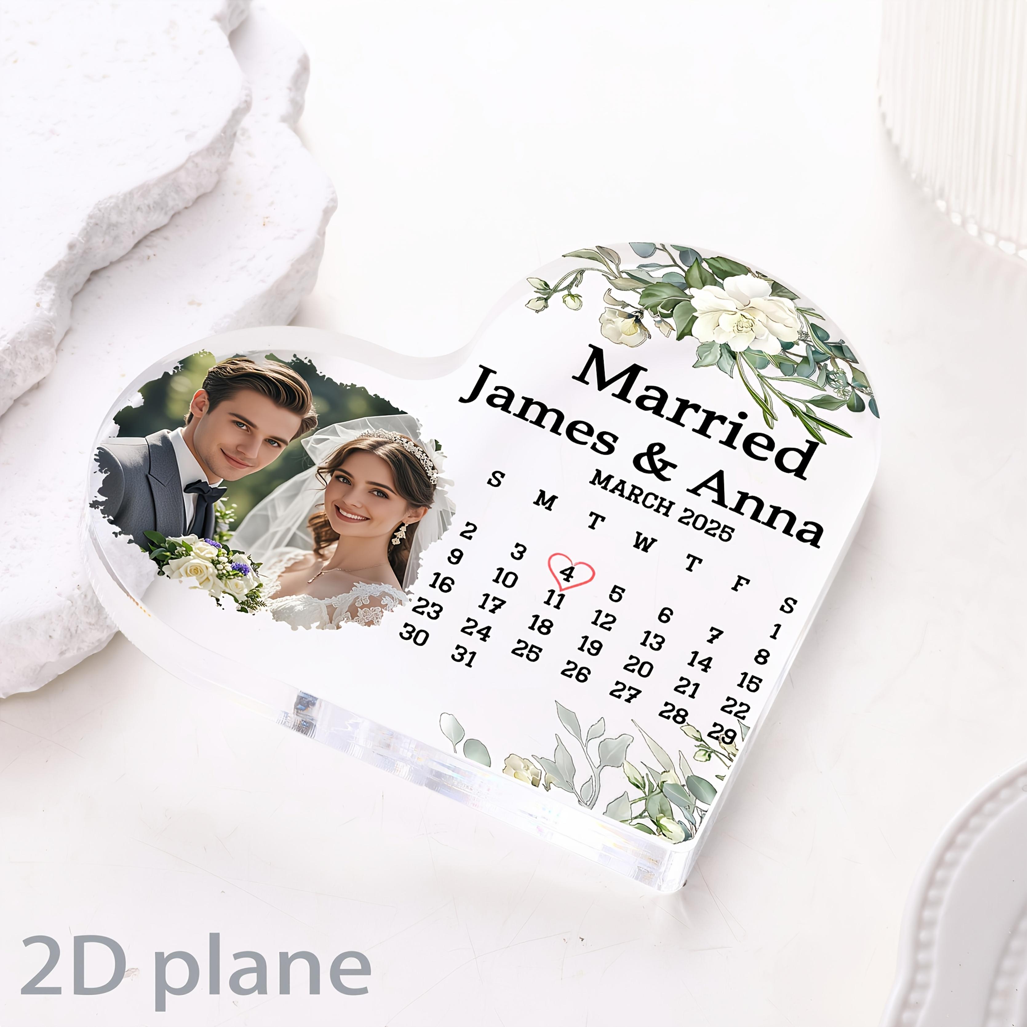 [2D Flat] [2D Flat] Custom Acrylic Heart Photo Plaque, Couple Wedding Gift, Post-Wedding Husband And Wife Acrylic Calendar Plaque, Wedding Anniversary Decoration, Anniversary Gift, Wedding Anniversary Souvenir
