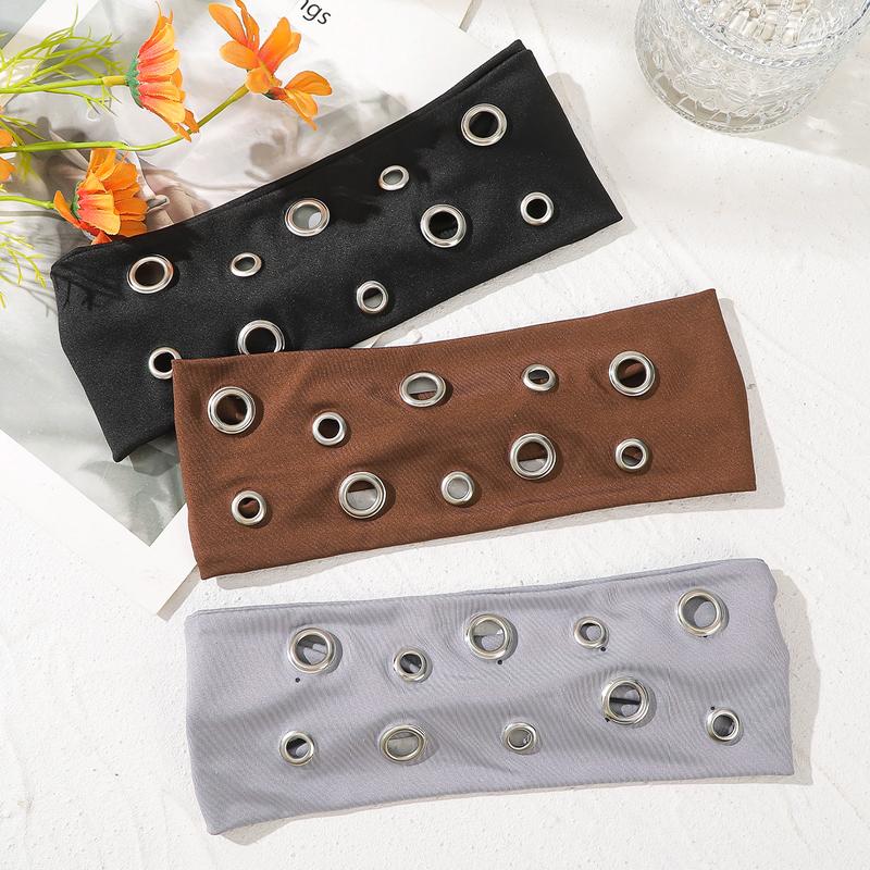AWAYTR Punk Girl Hollowed Out Eyelets Wide Elastic Headband Stretchy Metal Rock Sports Grommet Headband Hair Accessories