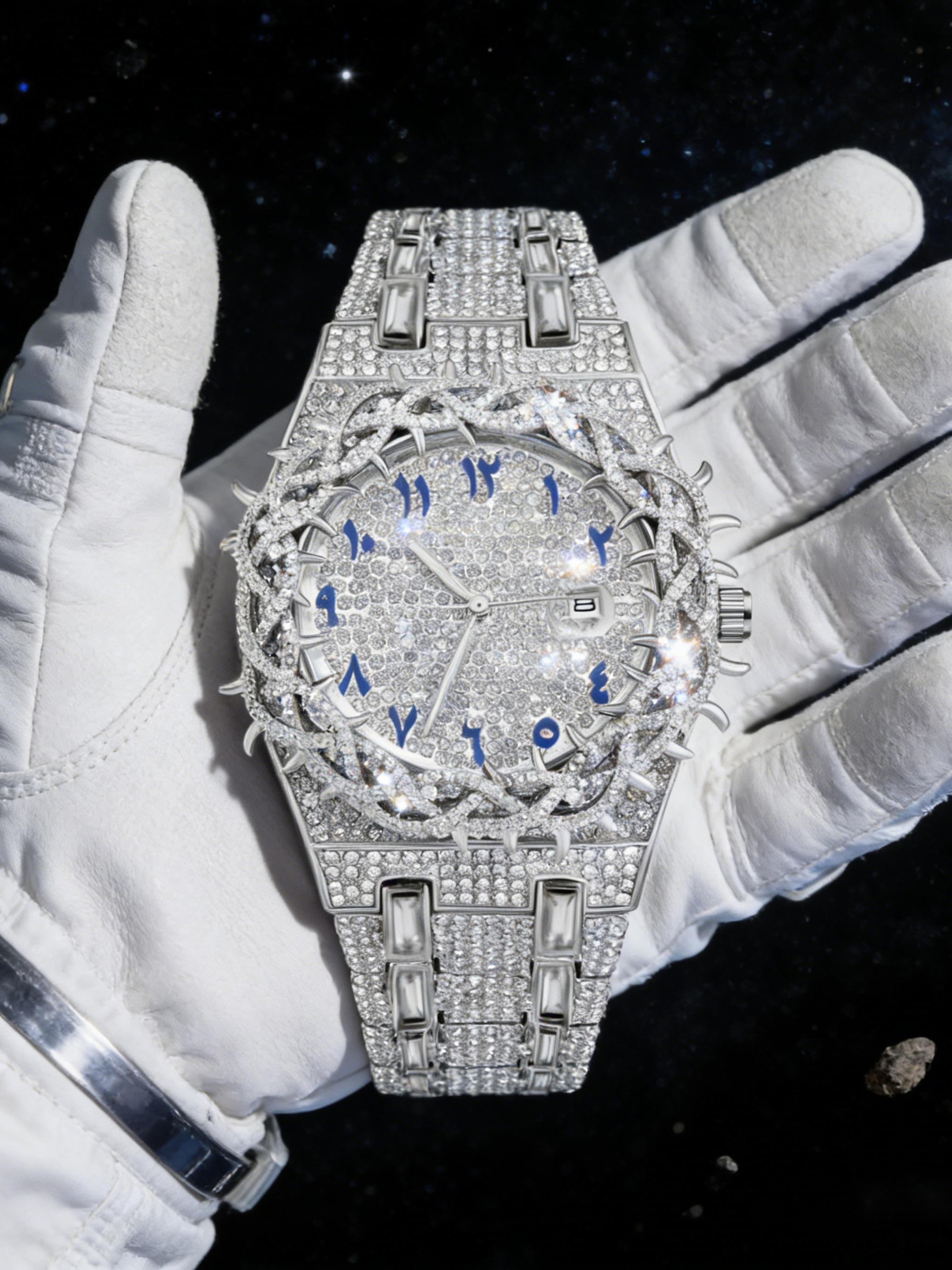 Unisex New Hip-Hop Style Quartz Watch, Rhinestone Strap & Full Iced-Out Large Dial, Unique Zirconia Design Wrist Watch, Party Gift for Men and Women