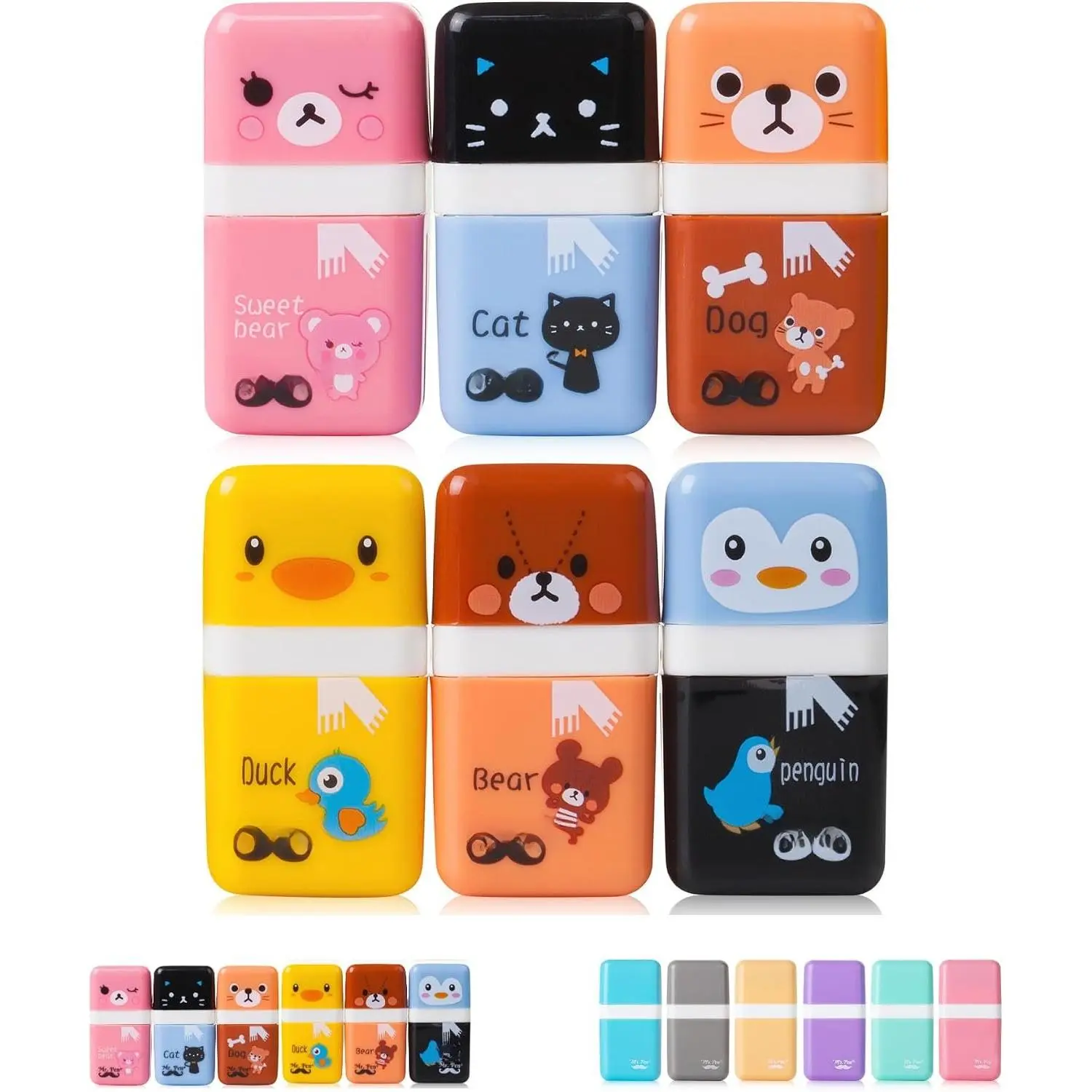 6-Pack Cute Themed Covered Roller Erasers - Portable Novelty Print Erasers & Correction Supplies, Playful Drawing Supplies, Efficient Erasing Tool for Clean Office Needs