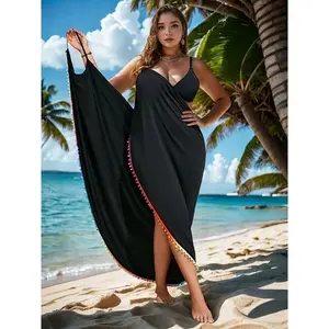 Women's Bohemian Beach Swimsuit Cover - Lightweight Polyester Blend, Solid Color, Fringe Tassels, Light Stretch, Loose Flowy Modest Design, Machine Washable for Poolside & Vacation (Sports & Outdoor Protective Gear)