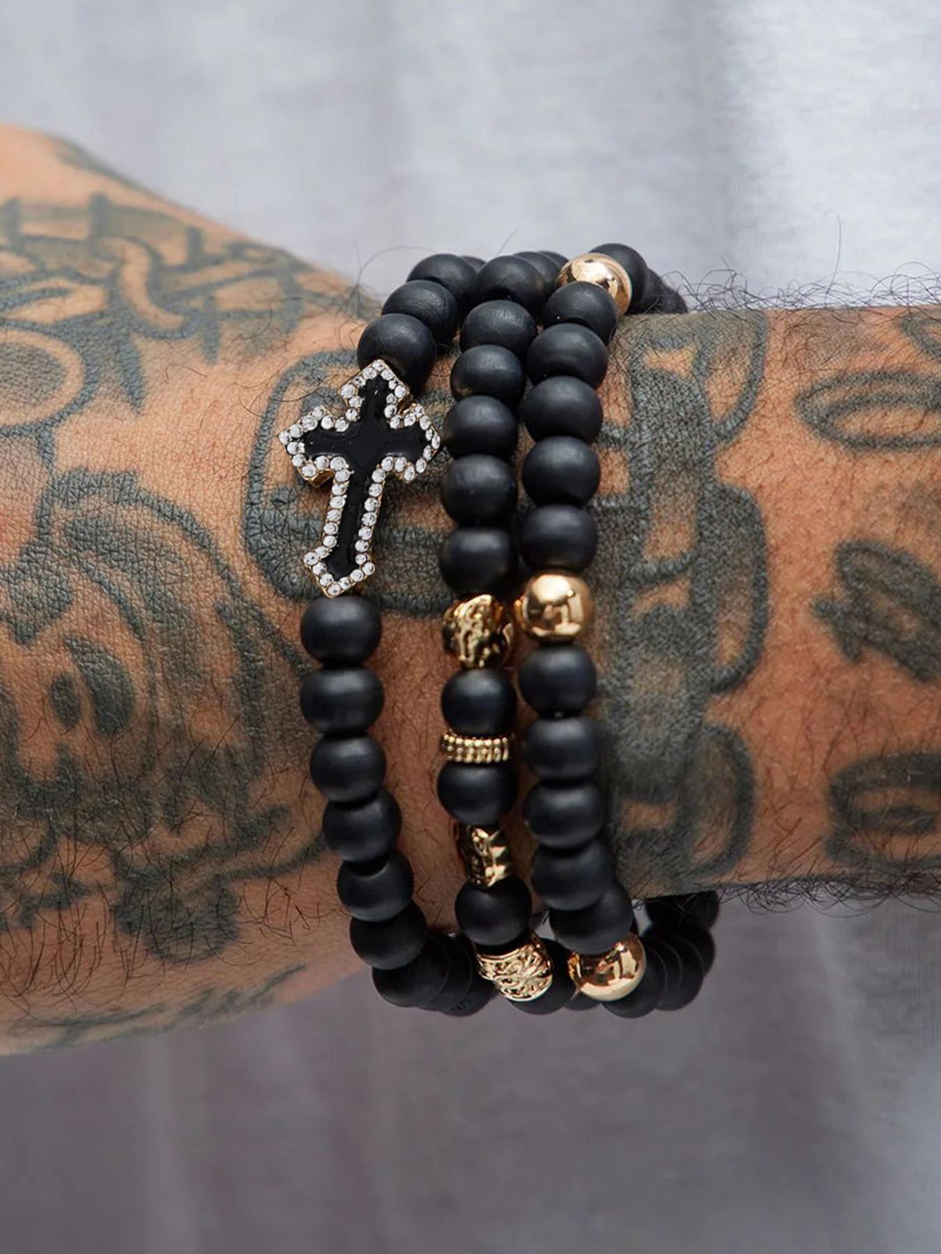 Men's Vintage Cross Beaded Bracelet, Word Bracelets, Fashion Jewelry for Party, Daily Clothing Decor, Trendy All-match & Exquisite Jewelry for Birthday Gift, Elegant Jewelry Bracelet, Bangles Bracelets Set