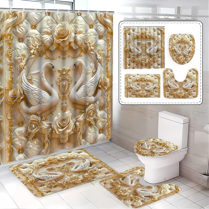 Luxury Bathroom Set, Swan Rose Gold Suite, French Palace Elegance, Bath Curtain Set, Home Bathroom Decor, Includes Mats, Best Gift, Shower, Hook