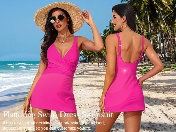 Hilor Women's Underwire One Piece Swimsuits Twist Front V-Neck Swimdress Flowy Tummy Control Skirted Bathing Suit Swim Dress