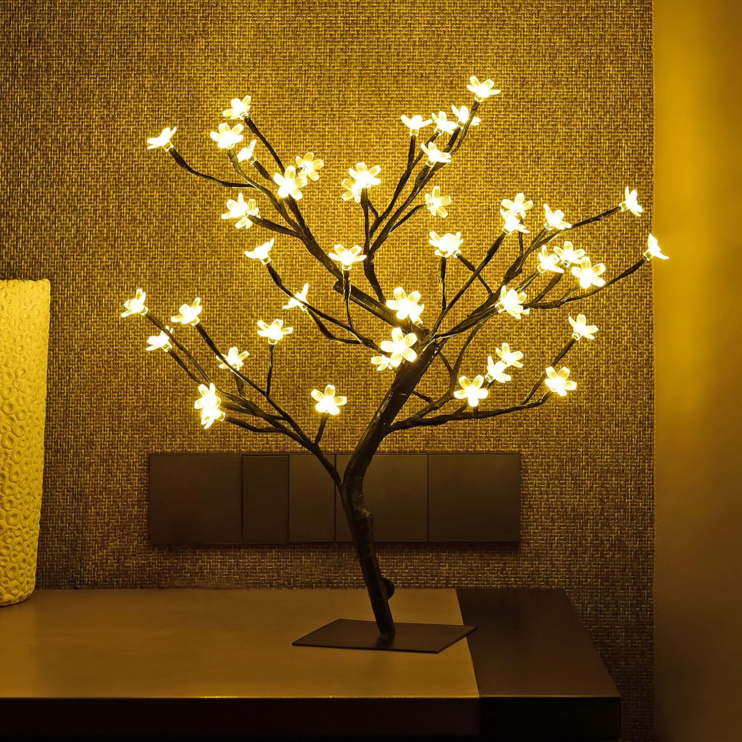 Energy Efficient 2pc 18-Inch Cherry Blossom Bonsai Trees, 48 LED Warm White Lights, 24V UL Listed Adapter, Metal Base, Ideal for Night Lights & Home Gifting