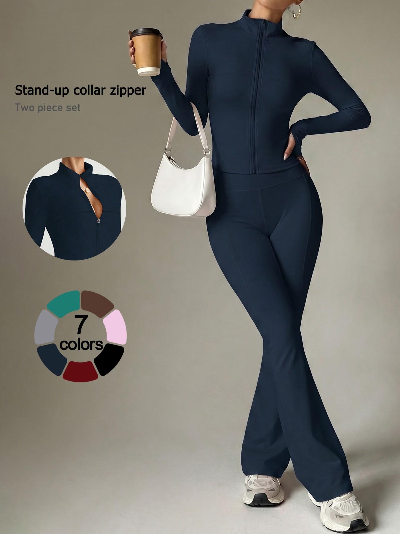 Women's 2-Piece Fitness Set, Stand Collar Full Zip Jacket, Long Sleeve High Waist Yoga Pants, Sporty All-Season Workout, Athleisure Wear Set, Yoga Outfit