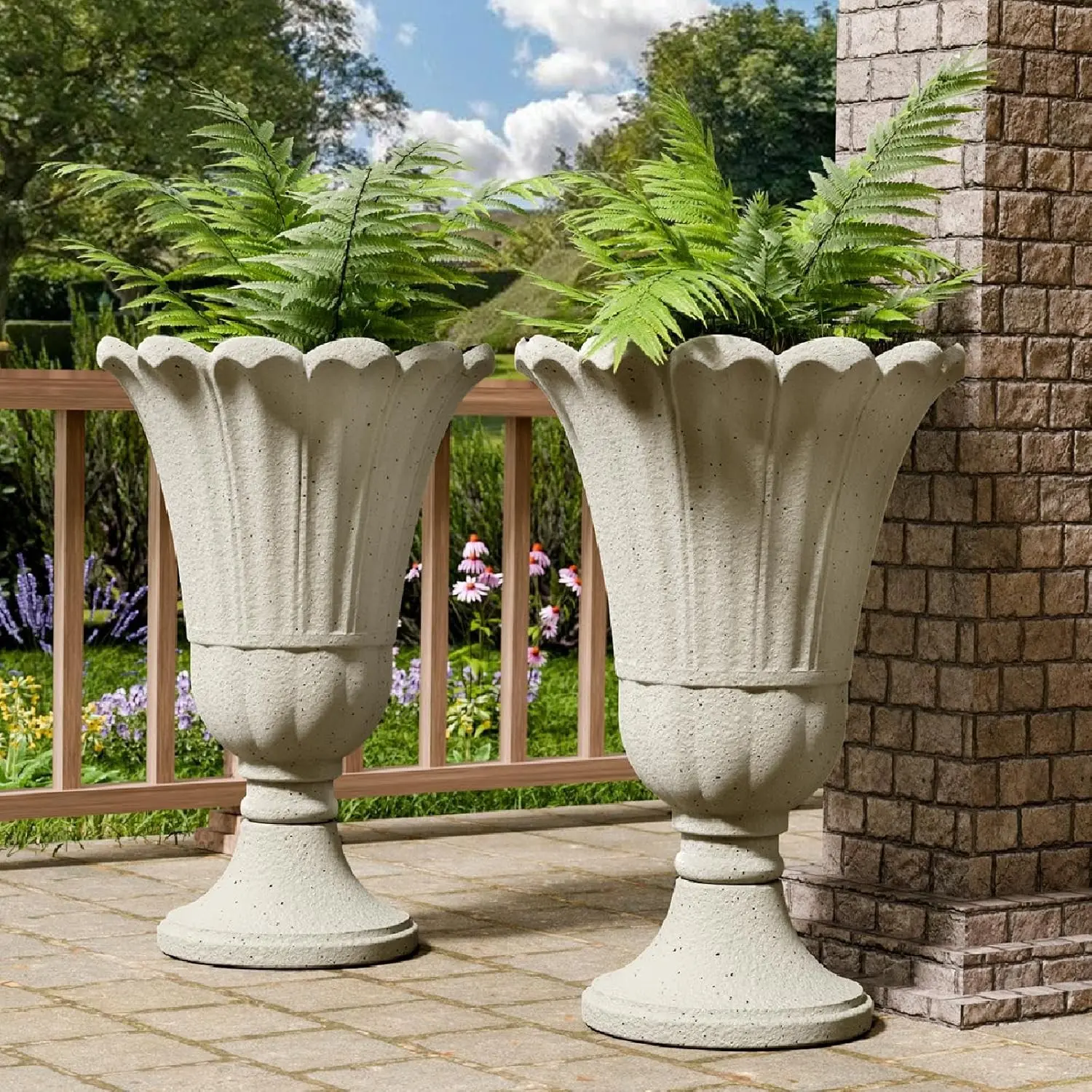 23.6" Tall Plastic Urn Planters for Outdoor Plants, Set of 2 Heavy-Duty Classic Indoor Large Flower Pots with Drainage Holes & Petal Design, Outdoor Planters for Porch, Home Garden, White