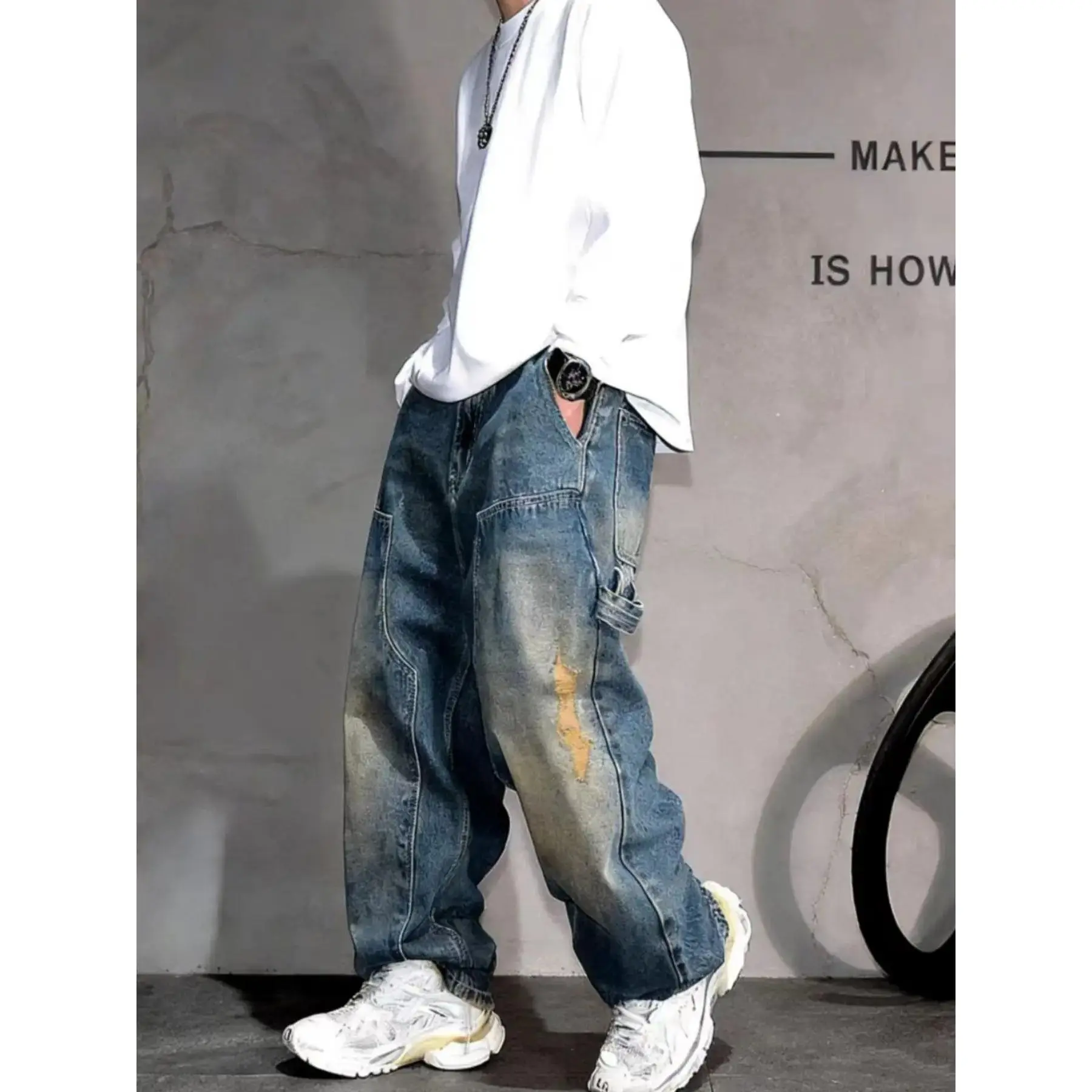 Men's Y2K Medium Wash Denim Jeans, Trendy Streetwear Vintage Distressed Style Patchwork Ripped Mid Waist Straight Leg Pants, Loose Fit Casual Slimming Street Style, All Seasons