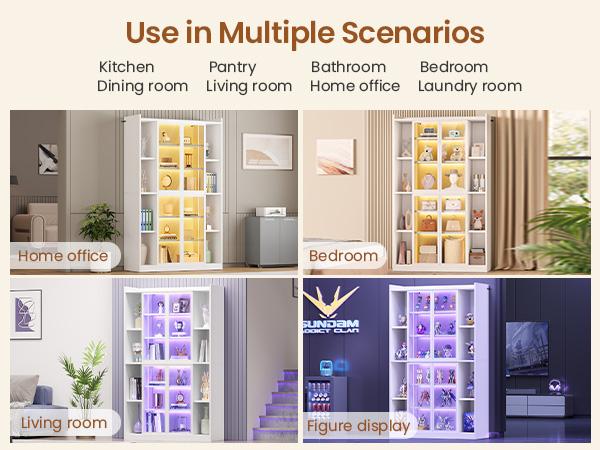 SEDETA Display Cabinet with Glass Doors, 6 Tier Tall Bookcase with LED Lights, Curio Cabinet with Adjustable Shelves, 64" Display Cases for Collectibles, Bedroom, Living Room, Office