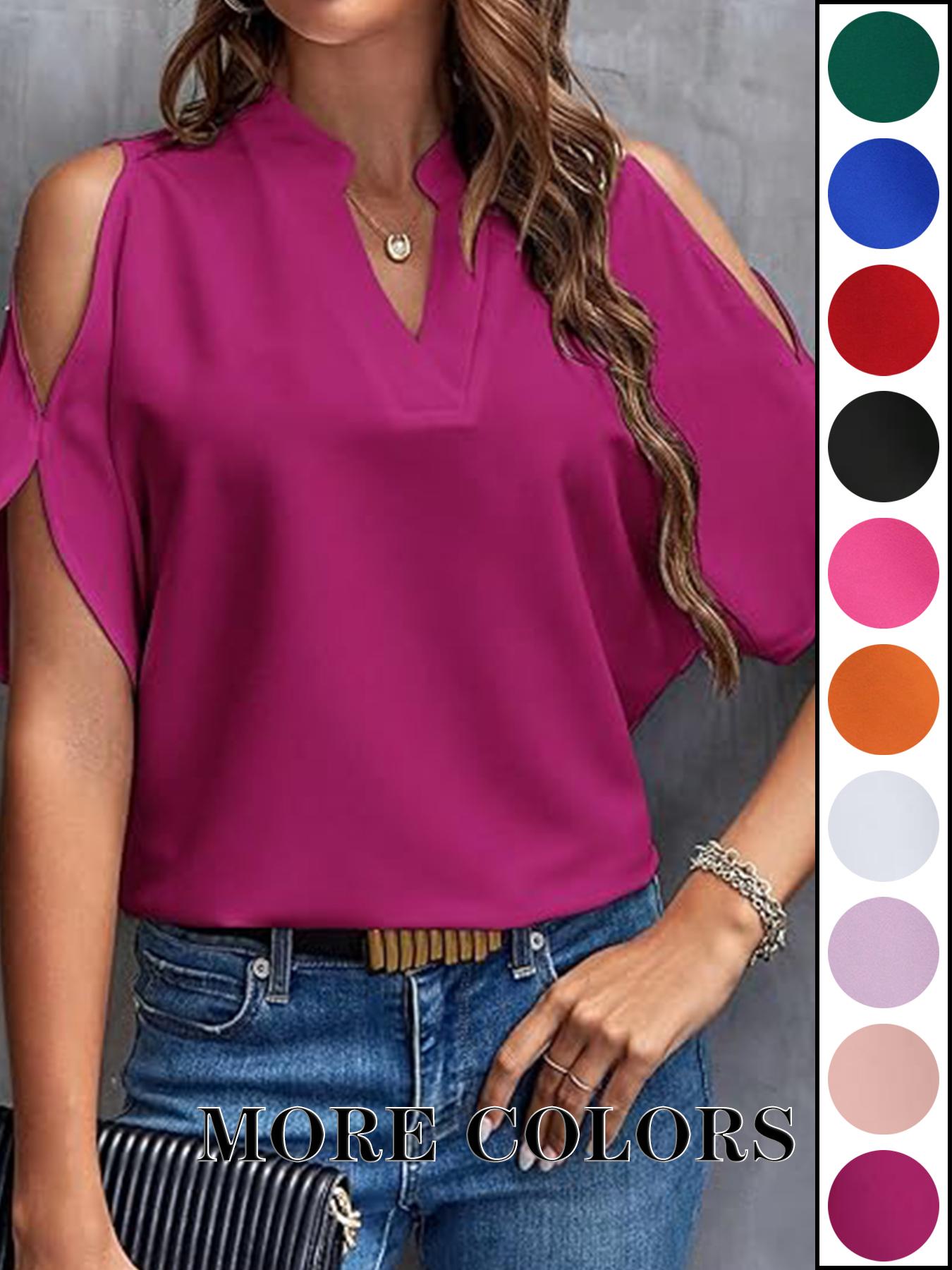 Women's Solid Color Casual Fitted T-Shirt, Short Sleeve Cold-Shoulder Top for Commuter Wear, Stylish and Comfortable Women's Tee