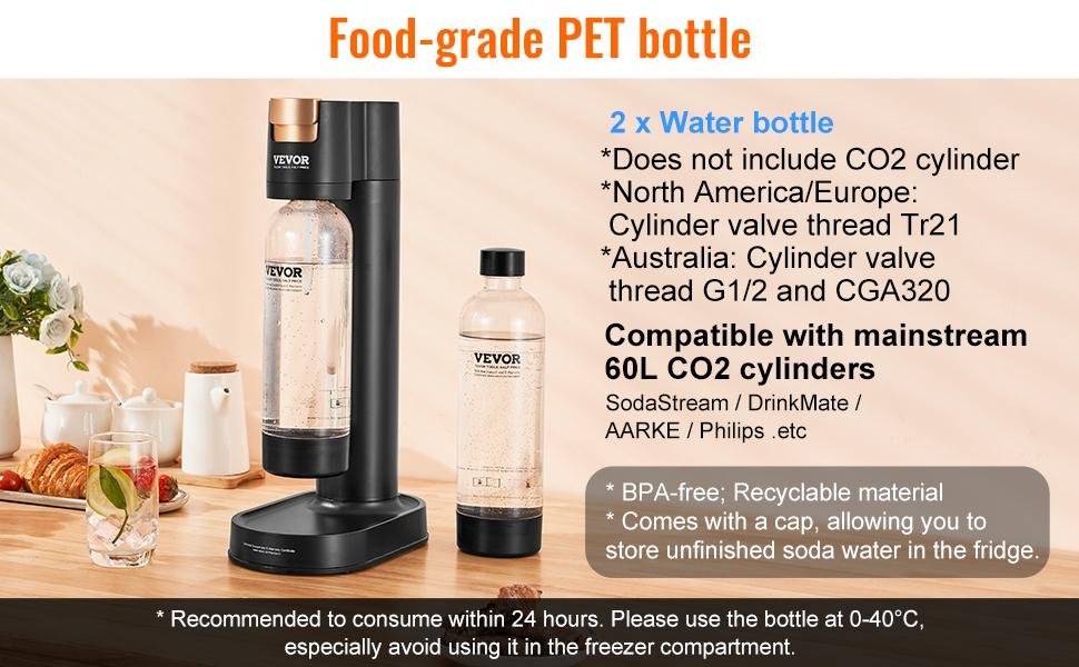 VEVOR Automatic Plastic Sparkling Water Maker Soda Starter Kit - Travel-Friendly, Natural, Additive-Free, Sugarless Carbonation, 2 BPA-Free 1L PET Bottles, Mainstream Screw-In 60L CO2 Cylinders Compatible (Not Included), Black