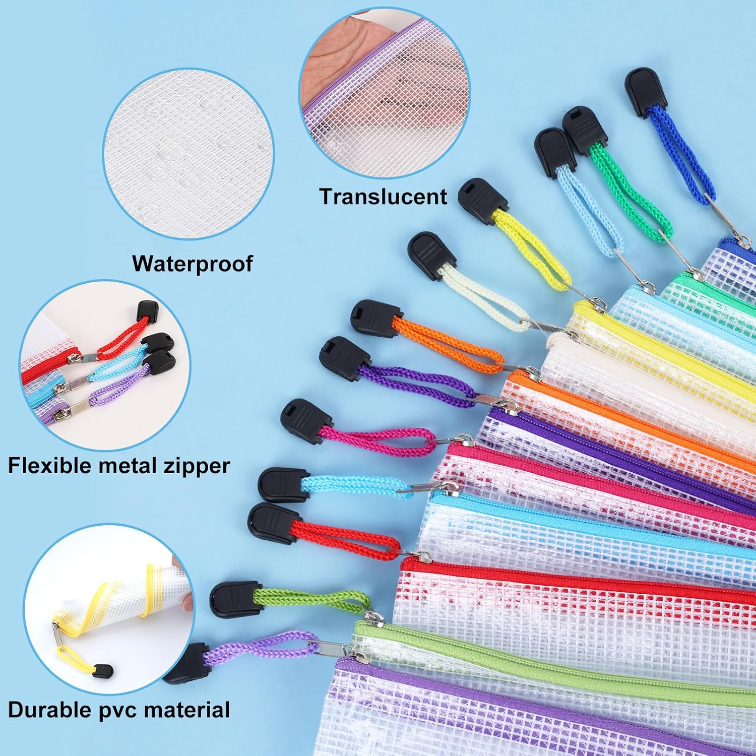 Smooth PVC Translucent Mesh Zippered Pouches (24-Count), 9.5x4.5 in Small Organizing Bags (12 Colors) for Travel, Office Document Storage