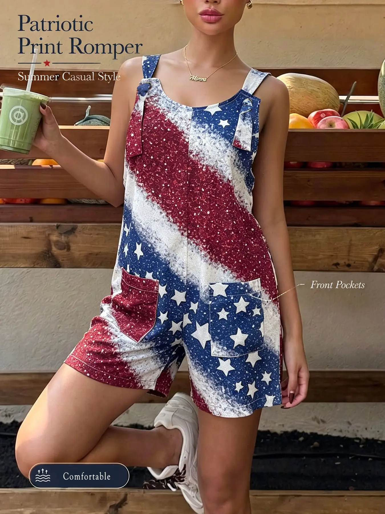 Women's Colorblock & Star Print Pocket Tank Romper, Casual Adjustable Strap Romper for Summer Outdoor Vacation Holiday, Ladies One-piece Outfit Clothes