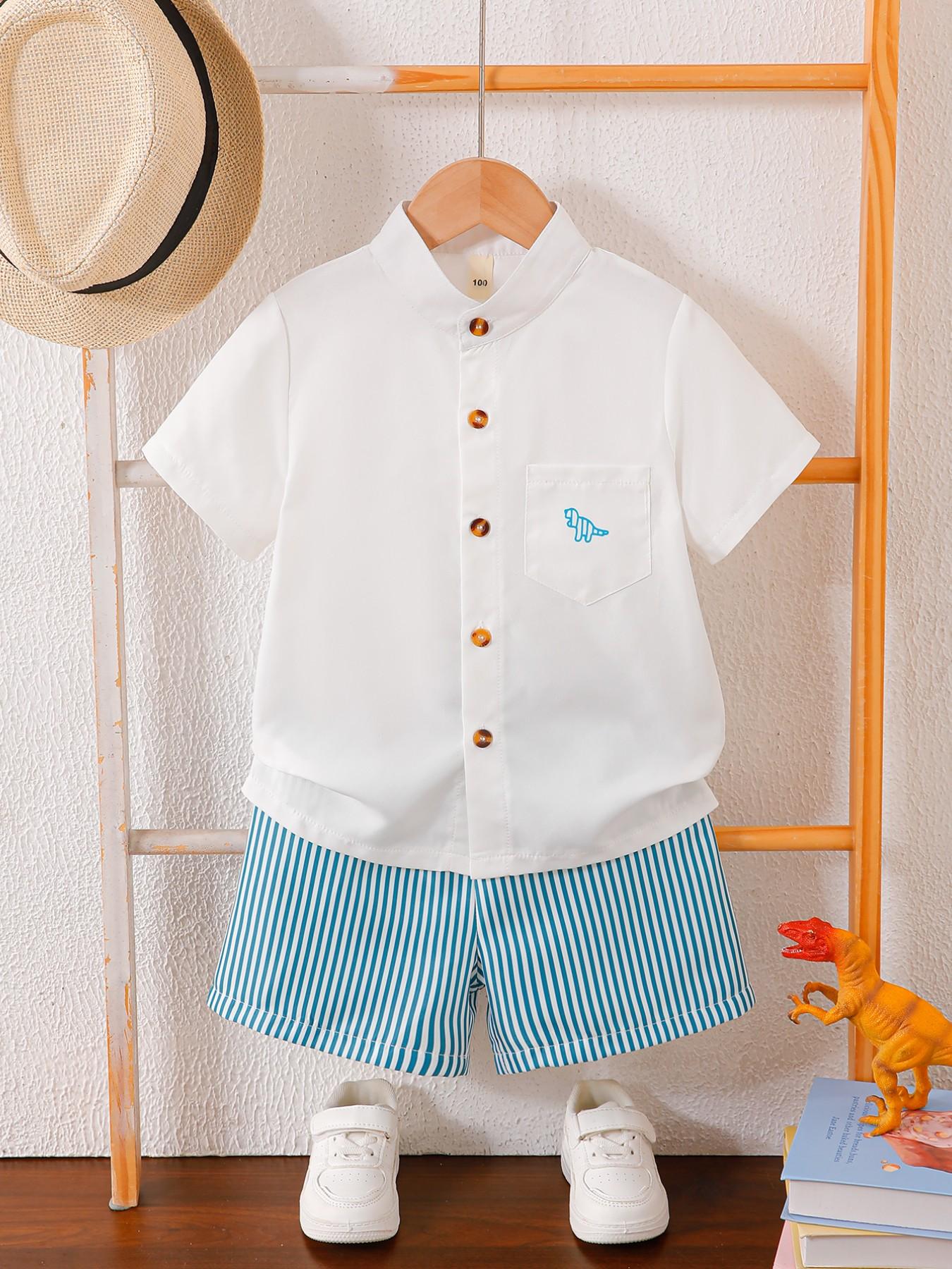 Boys' Summer Casual Set, Button Front Stand Collar Shirt, Short Sleeve with Pocket, Cute Dinosaur Print, Striped Shorts, 2-Piece Set