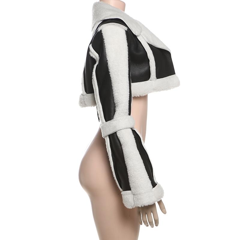 DOUCIU New Autumn And Winter Fashion Personality All-Match Hip-Hop Joint Cool Loose Casual Warm Ladies Retro Pu Leather Contrast Color Cardigan Short Jacket Coats