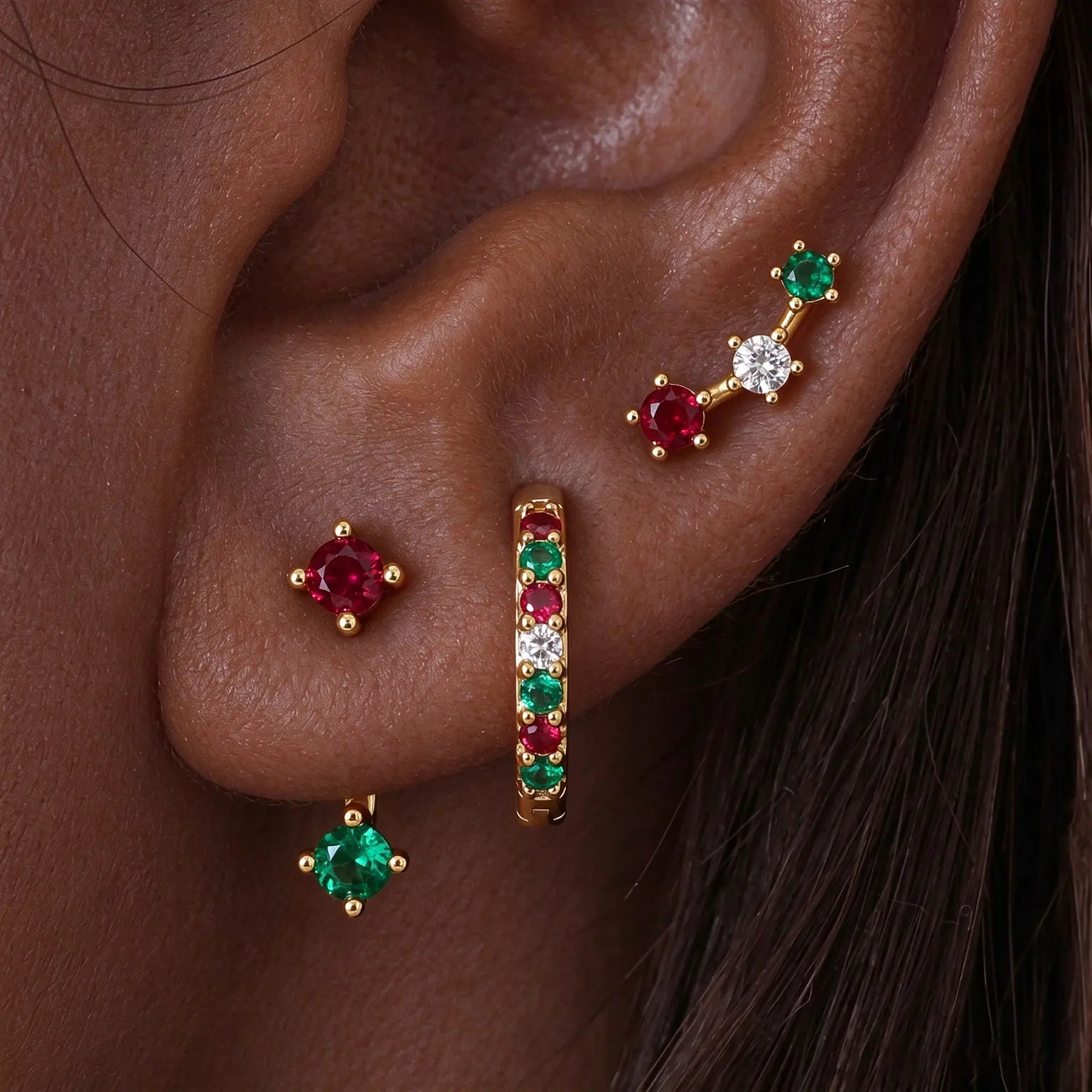 Multi Piercing Ear Jewelry Set Vibrant Holiday Tone Stackable Stud And Huggie Earrings
