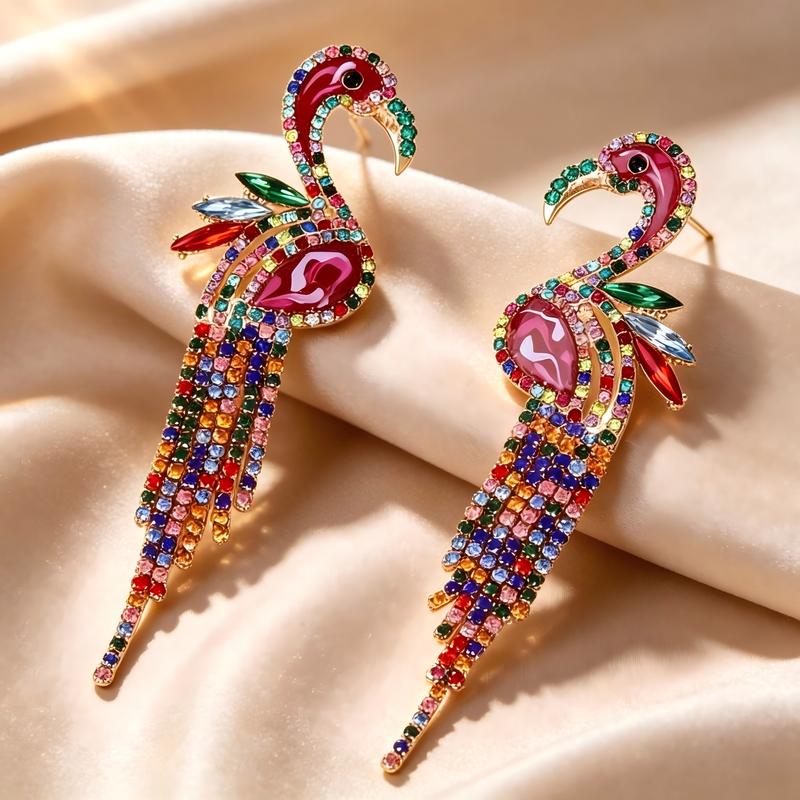 Flamingo Tassel Dangle Earrings for Women, Exotic Bird‑Shaped Statement Drop Earrings, Sparkling Long Tassel Chandelier Earrings, Fashion Jewelry for Party Holiday Gala Gift