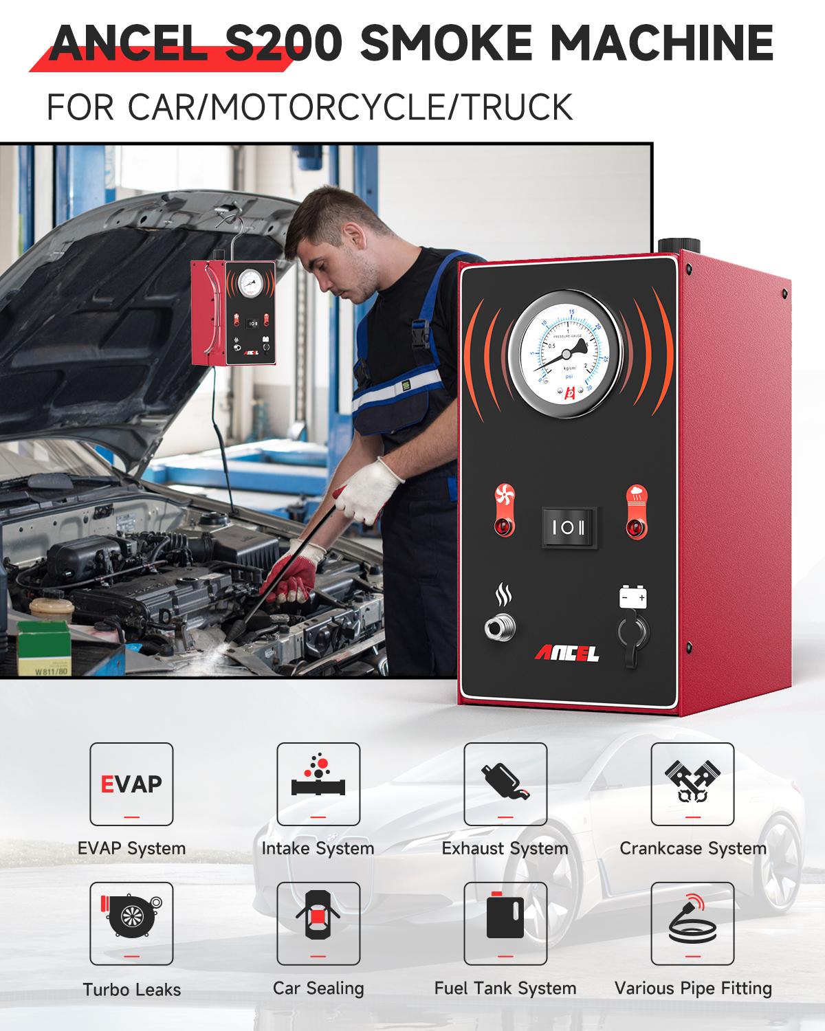 ANCEL S200 Smoke Machine Automotive with Built-in Air Pump and Pressure Gauge, Evap Smoke Machine Leak Detector, Dual Mode Auto Fuel Pipe System Vacuum Leak Smoke Tester for All Car/Motorcycle/Truck