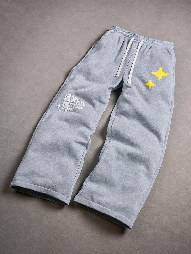 Unisex Street Style Jogger Pants, Hip-Hop Letters & Stars Print, Loose Straight Fit, Fall&winter, Casual Rock Skateboarding