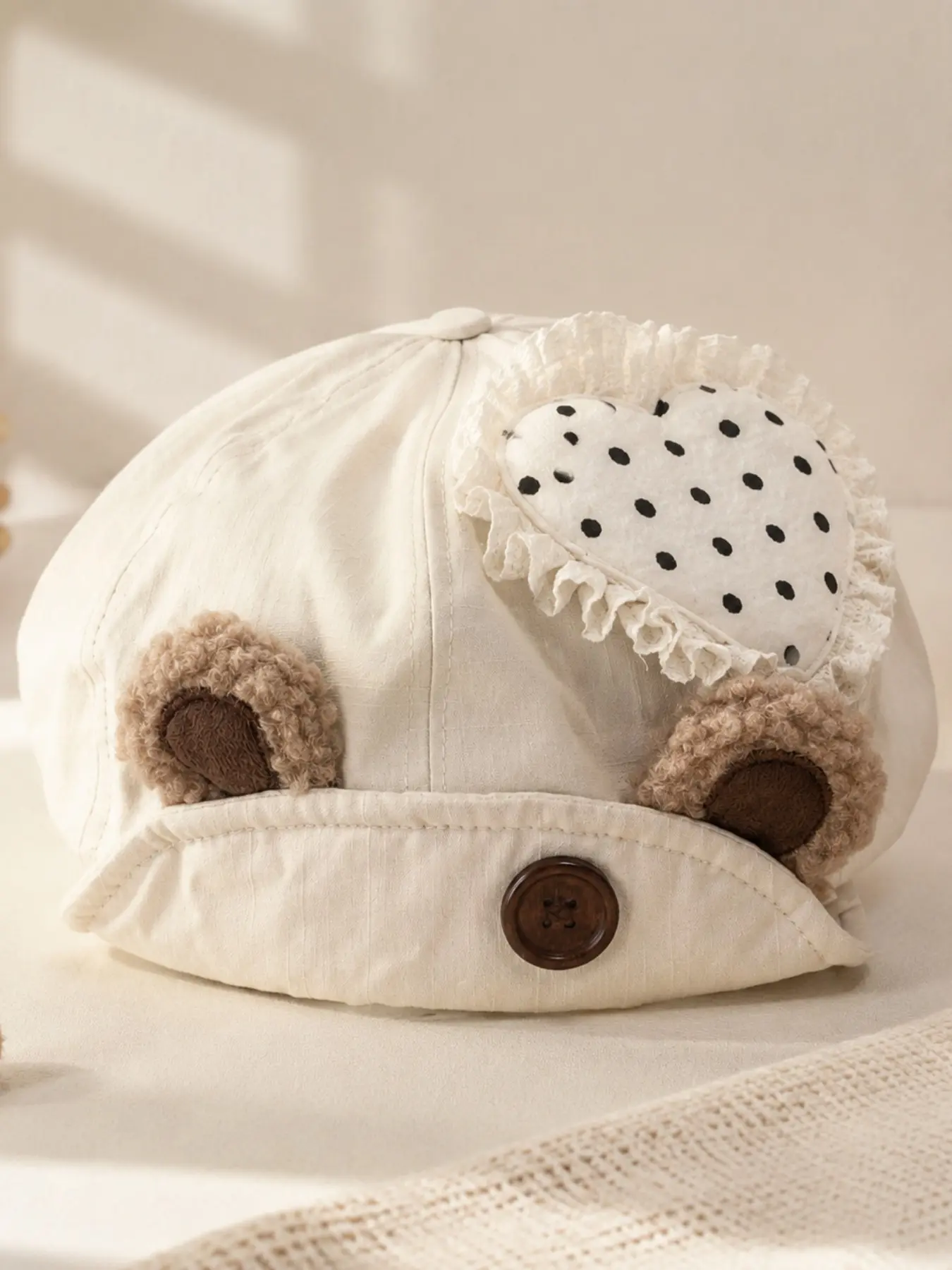 Cute Bear Ears Newsboy Hat, Polka Dot Heart Lace Beret, Soft Bucket Hat, Sweet Style Girl Lady Headwear, Vintage Look