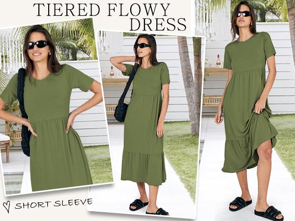ANRABESS Women's Summer Casual Short Sleeve Crewneck Swing Dress Flowy Tiered Maxi Beach Dress with Pockets