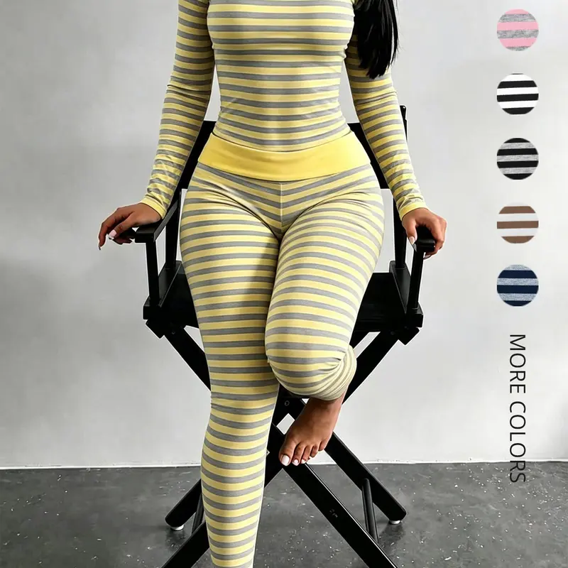 Women's Slim-Fit Striped Pajama Set, Casual Long Sleeve Top & Fold-Over Waist Pants, Comfortable All-Season Loungewear, Homewear & Sleepwear