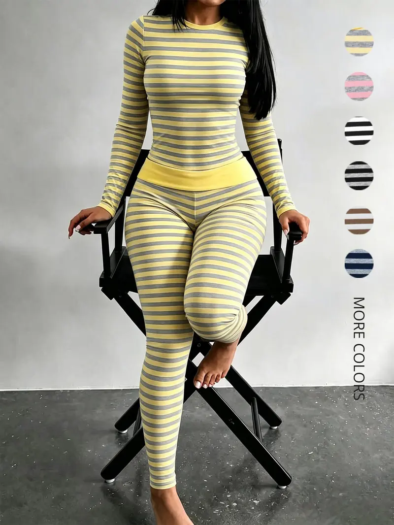 Women's slim-fit striped pajama set with long sleeve top and fold-over waist pants – image 2