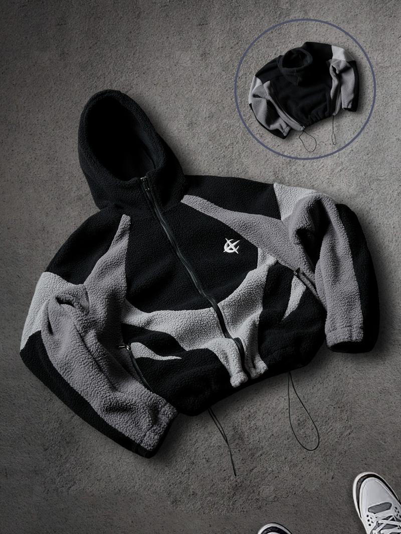 Men's Contrast Color Patchwork Zip Hoodie Jacket, Fall/winter Zipper Short Men's Hooded Sweatshirt, Shark Style Hooded Outerwear