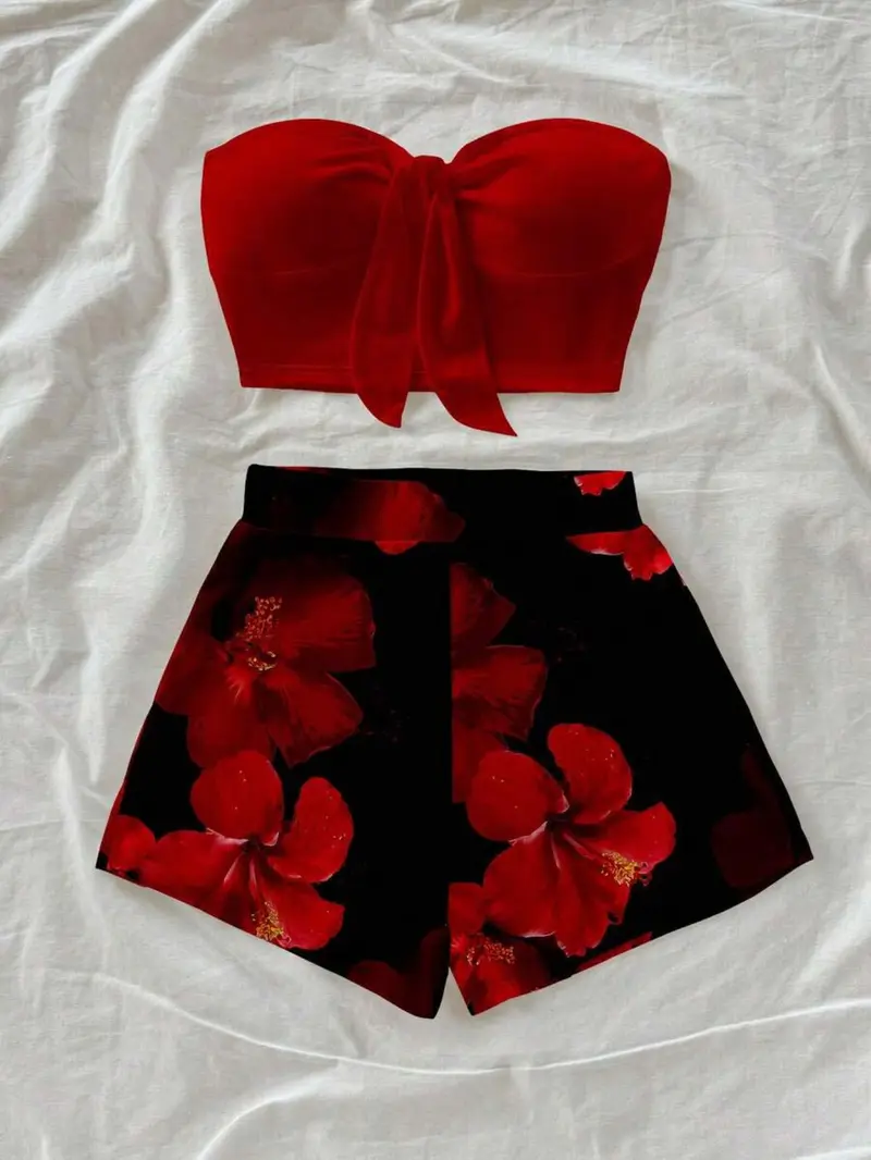 Women's Vacation Casual Solid Color Tank Top and Tropical Print Shorts Set, Two-Piece for Relaxing Holidays, Stylish Summer Wear, Beach Outfits Set