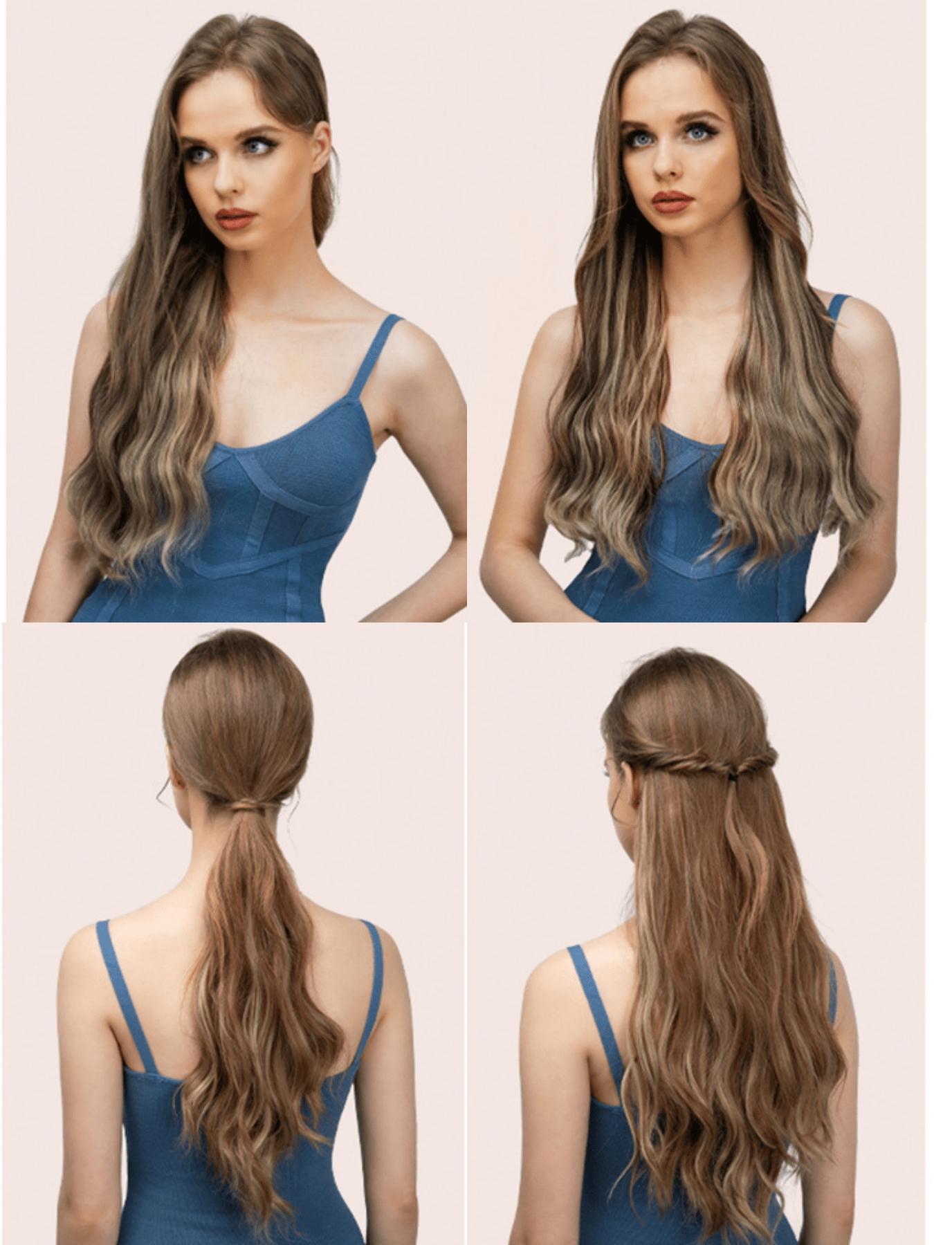 Clip-on hair extensions, long wavy curls, 4 pieces per pack, thickened hair extensions, synthetic highlighted extensions, chestnut gradient, double-layered fiber construction, natural color, 22 inches, Wavy Synthetic Hairpiece, Wavy Hairpieces