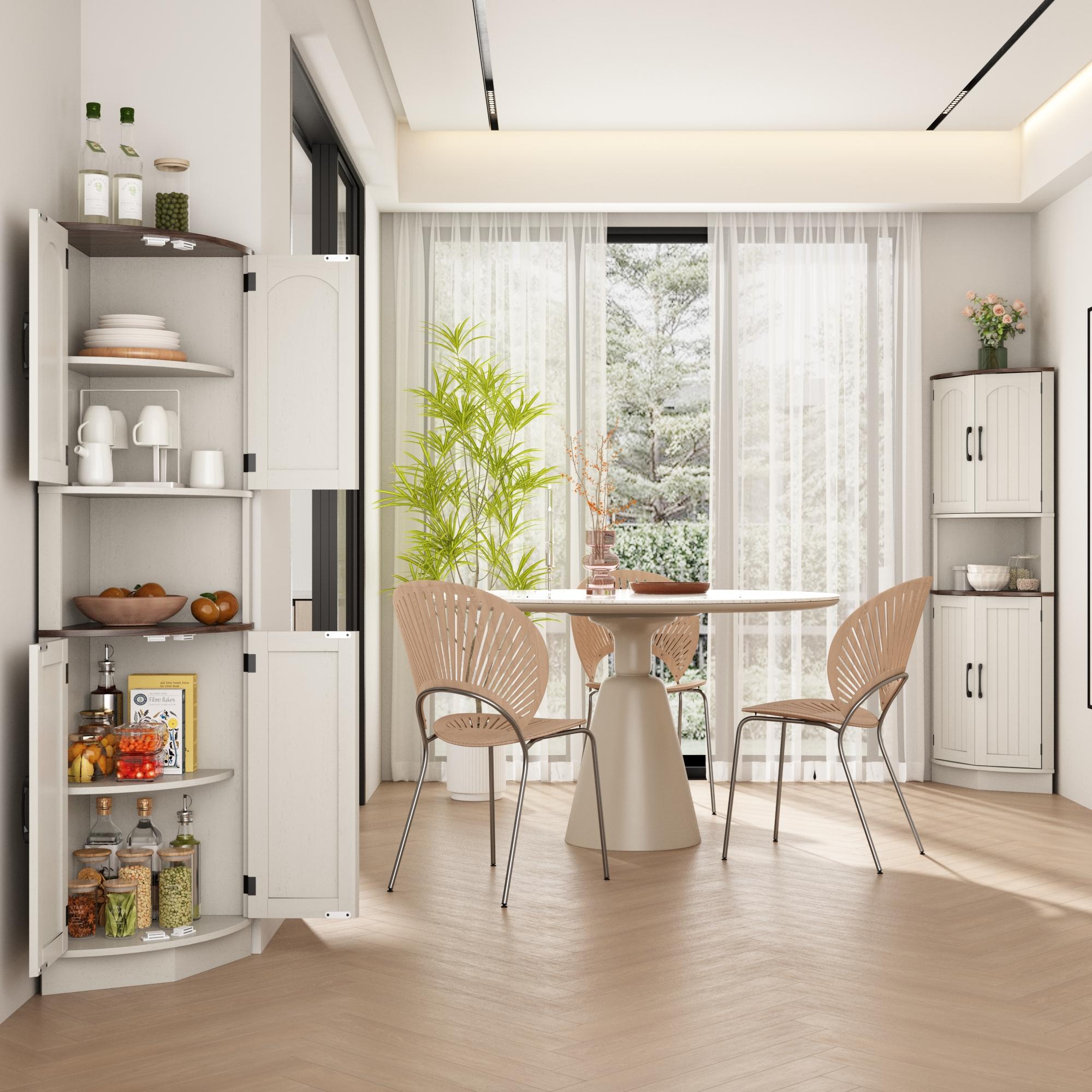 PieDle Furniture Tall Bohemian Rattan Corner Storage Cabinet - 4 Doors, 5 Shelves, 64.7" Height, Ideal for Living Room, Kitchen, Bathroom & Office Organization