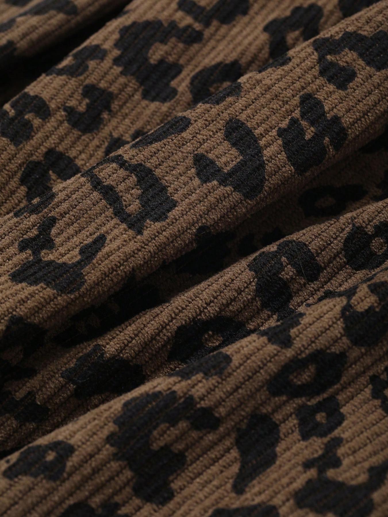 Plus Size Women's Loose-Fit Leopard Print Corduroy Pants with Elastic Waistband, Coffee-Colored Long Pants for All Seasons, Perfect for Back to School and Casual Dates, Casual Fashion Pants