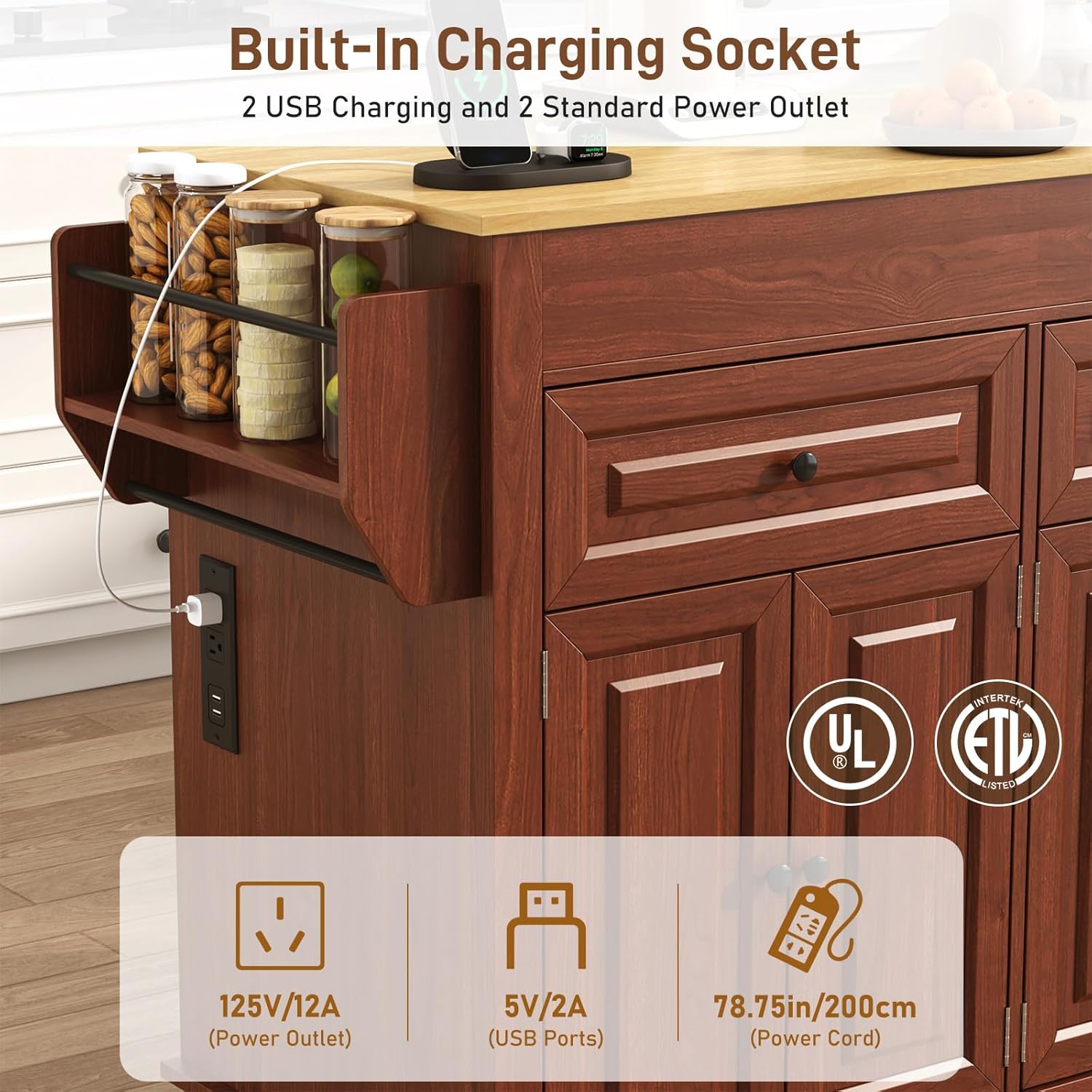 80"-48" Extendable Kitchen Island with Extended Dining Table and Power Outlet,Large Mobile Kitchen Storage Islands with 2 Storage Drawers,Rolling Islands Cart with 3 Extra Rows Open Shelves(White/Black/Brown/Blue)