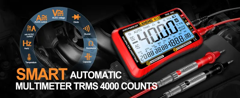 Digital Multimeter Tester - 4000 Counts Auto-Ranging TRMS Volt Meter with Large LCD, 2*Meter Pen, 1*Instruction Manual for DIY Projects, Measures AC/DC Current, NCV, Voltage, Resistance, Diode, Continuity, Capacitance, Temperature (Red), Alarm Clock, Cale