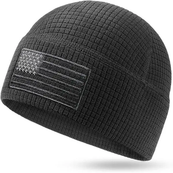 Men’s Waffle Knit Beanie, US Flag Embroidered Skull Cap, Stretch Fleece Winter Hat for Men, Warm Cold Weather Headwear for Hunting, Hiking, Cycling, Outdoor Work & Daily Wear
