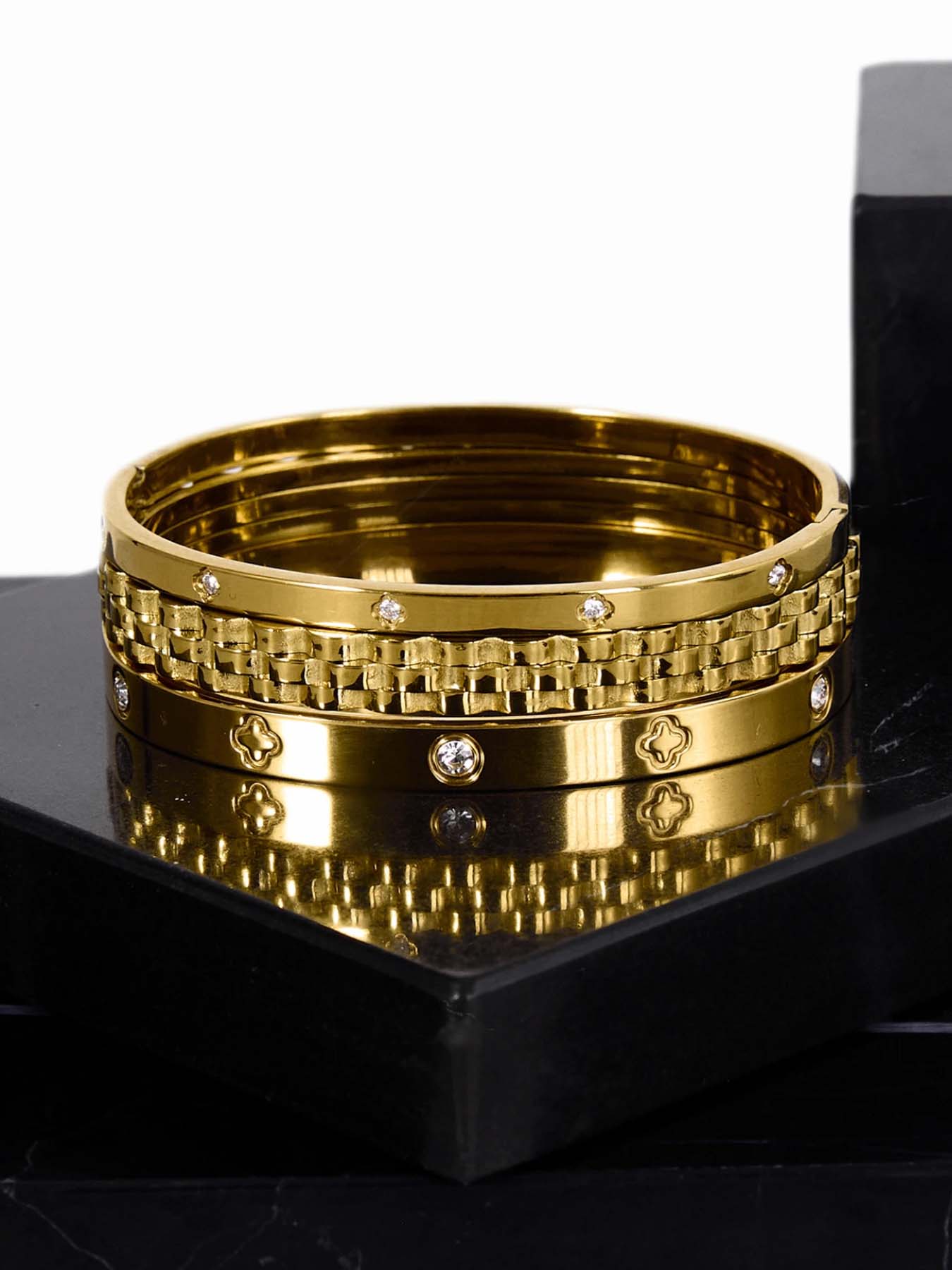 3-Piece Set of 304 Stainless Steel Stackable Bracelet with Chain and Clover Design, Fashionable Style, Suitable for Women, Suitable for Leisure, Party, Festival, Birthday, Wedding, Valentine's Day Gift, Mom, Mother's Day Gift