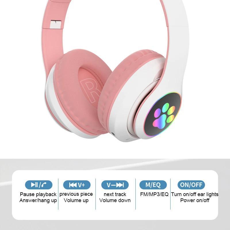 Flash Lamp Cute Cat Ears Headphone Bluetooth5.0 Stereo With Mic Support TF Card Wireless Kids Girl Earphone Birthday Gift btheadphones