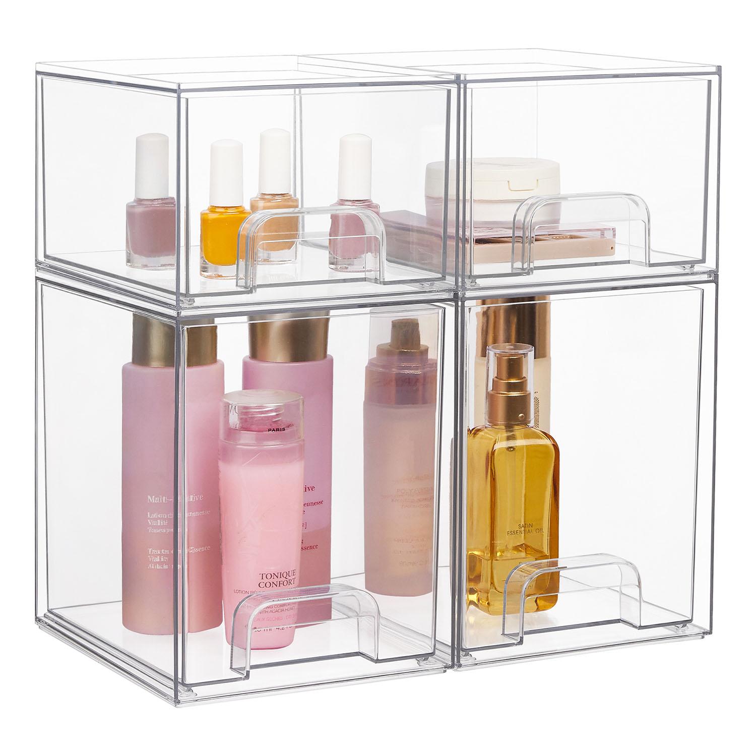 Stackable Storage Drawer Set (4 Pieces), Transparent Plastic Organizer Boxes, Makeup Box Organizer, Ideal for Cosmetics & Beauty Products, Bathroom, Cabinet, Food Storage